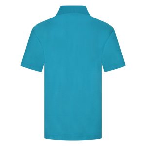 Rear view of a turquoise polo shirt.