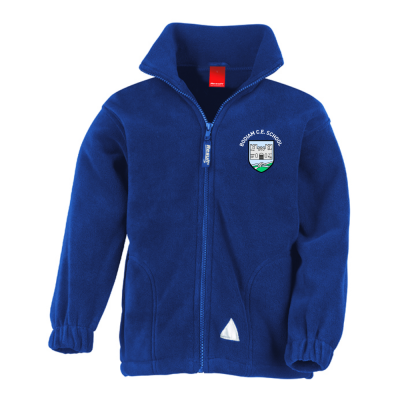 Frontal view of a royal blue fleece with the Bodiam Primary School emblem embroidered on the left breast.