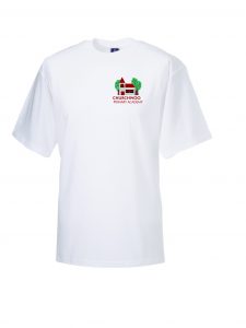 Frontal view of the Churchwood Primary Academy white PE t-shirt