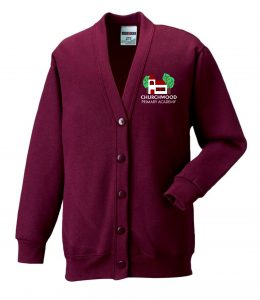 Frontal view of the Churchwood Primary Academy burgundy cardigan