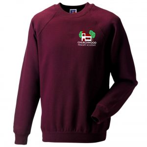 Frontal view of the Churchwood Primary Academy burgundy sweatshirt.