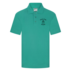 Frontal view of the Glyne Gap jade polo shirt with the school's logo embroidered on the left breast.