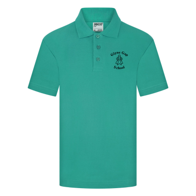 Frontal view of the Glyne Gap jade polo shirt with the school's logo embroidered on the left breast.