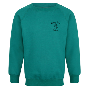 Frontal view of the Glyne Gap jade sweatshirt with the school's logo embroidered on the left breast.