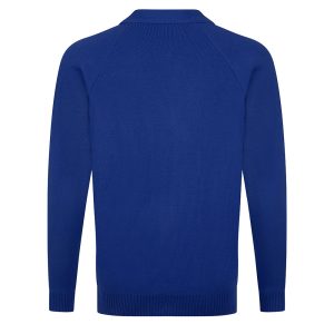 Rear view of a royal blue knitted cardigan.