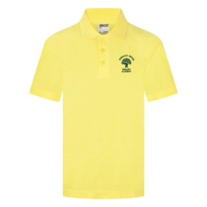 Frontal view of the Robsack Wood yellow polo shirt with the school's logo embroidered on the left breast.