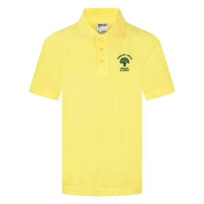 Frontal view of the Robsack Wood yellow polo shirt with the school's logo embroidered on the left breast.
