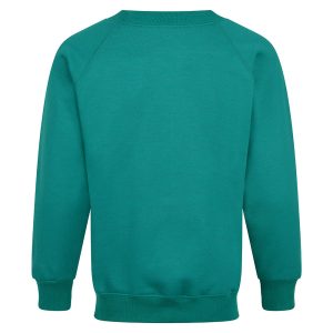 Rear view of a jade cardigan.