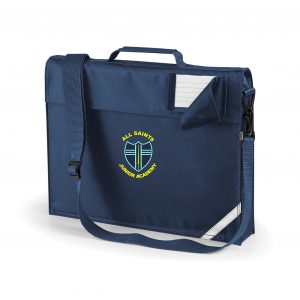 Frontal view of the All Saints Junior Academy navy blue book bag with the school's emblem printed on the front.
