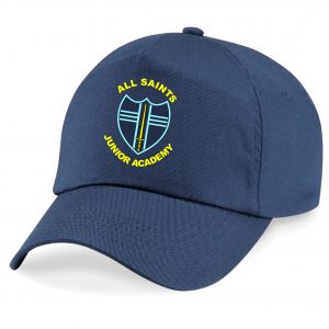 Frontal view of the All Saints Junior Academy navy blue summer cap with the school's emblem printed on the front.