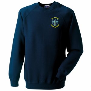 Frontal view of the All Saints navy sweatshirt with the school logo embroidered on the left breast