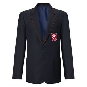 Bexhill Academy navy blazer with burgundy trim and logo embroidered to left breast