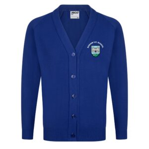Frontal view of a royal blue knitted cardigan with the Bodiam Primary School emblem embroidered on the left breast.