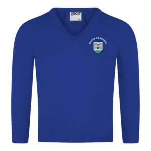 Frontal view of a royal blue knitted v-neck jumper with the Bodiam Primary School emblem embroidered to the left breast.