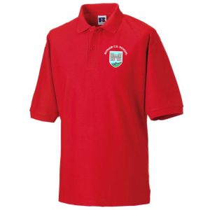 Frontal view of the Bodiam Primary School red polo shirt