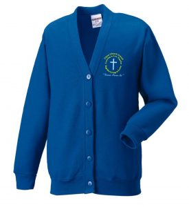 Frontal view of the Christ Church Primary Academy royal blue cardigan