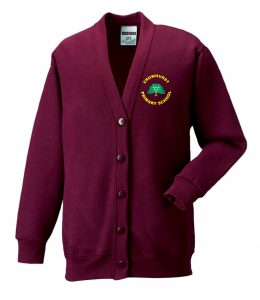 Frontal view of the Crowhurst Primary School burgundy cardigan