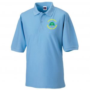Frontal view of the Crowhurst Primary School sky blue polo shirt