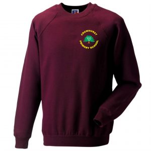Frontal view of the Crowhurst Primary School burgundy sweatshirt