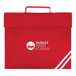 Frontal view of the Dudley Infant Academy red book bag.