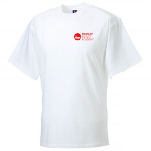 Frontal view of the Dudley Infant Academy white PE t-shirt