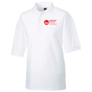 Frontal view of the Dudley Infant Academy white polo