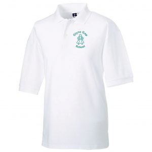 Frontal view of the Glyne Gap School white polo shirt