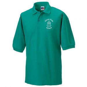 Frontal view of the Glyne Gap School jade polo shirt