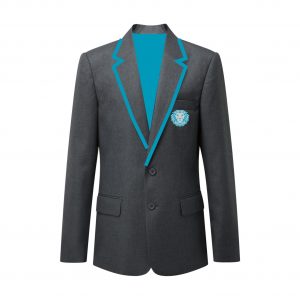 Hastings Academy grey blazer with turquoise trim and logo embroidered to left breast
