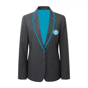 Hastings Academy grey blazer with turquoise trim and logo embroidered to left breast