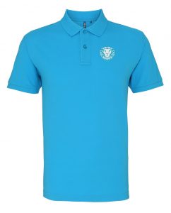 Frontal view of the Hastings Academy turquoise polo shirt.