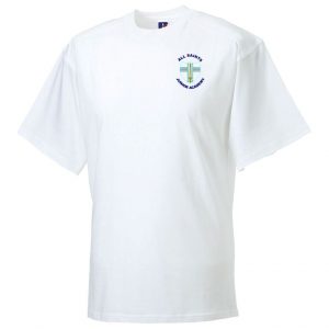 Frontal view of the All Saints white PE t-shirt