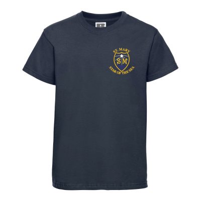 Frontal view of the St Mary Star of the Sea navy PE t-shirt with the school's emblem embroidered on the left breast.