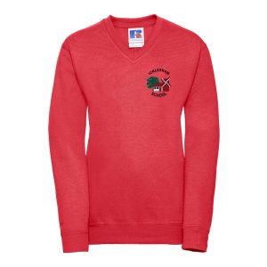 Frontal view of a red v-neck sweatshirt with the Icklesham Primary School emblem embroidered on the left breast.