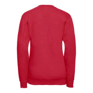 Rear view of a red v-neck sweatshirt.