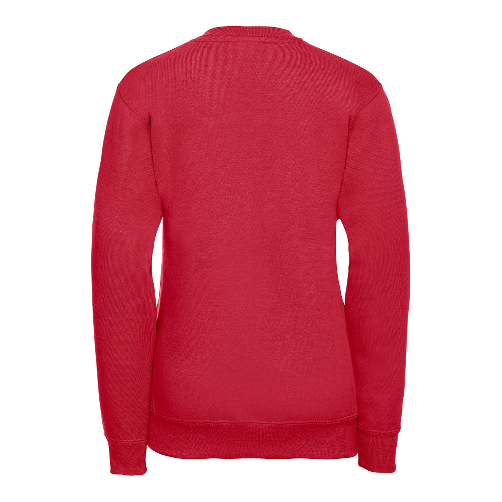 Rear view of a red v-neck sweatshirt.