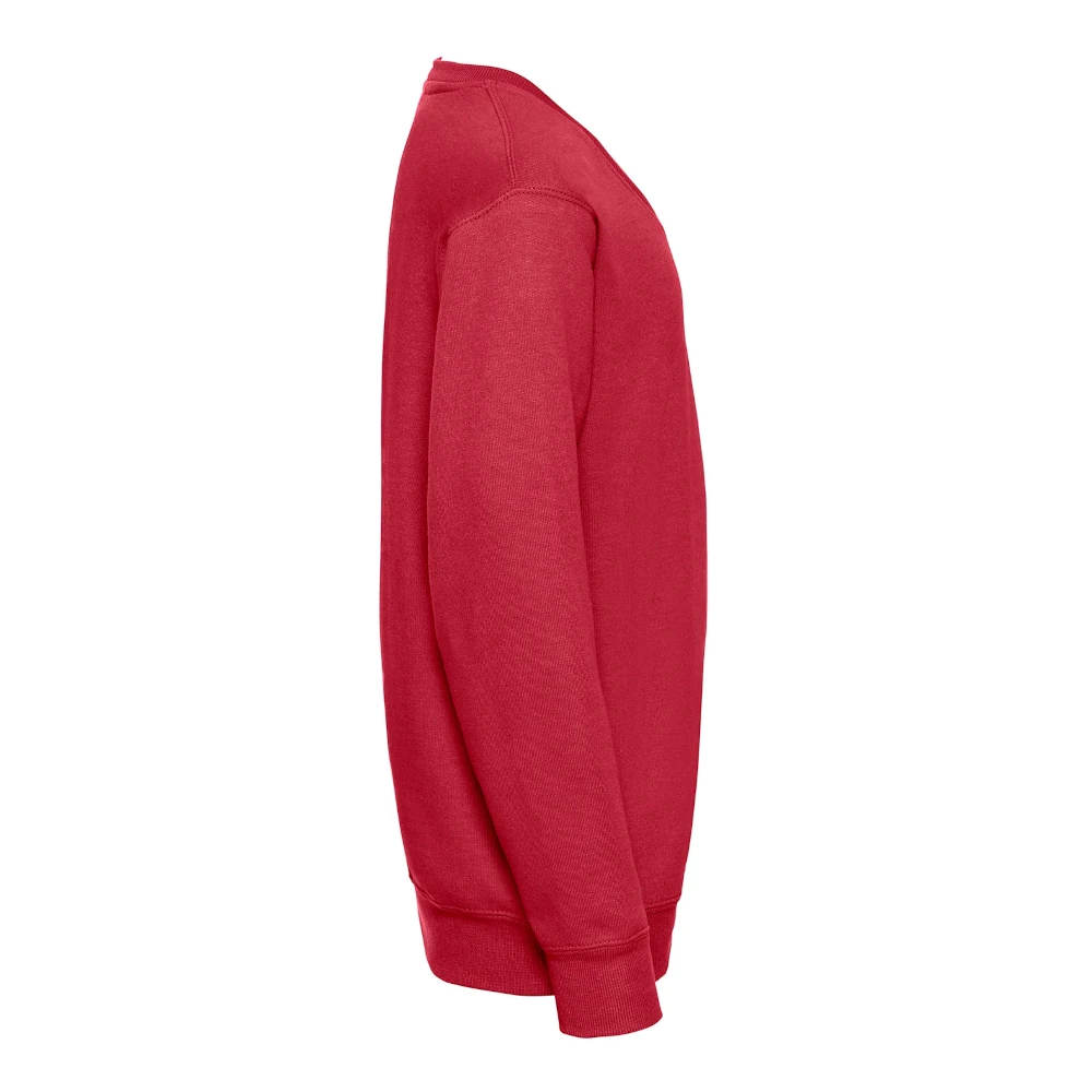 Side view of a red v-neck sweatshirt