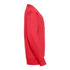 Side view of a red cardigan.