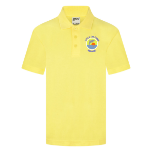 Frontal view of a yellow polo shirt with the Little Dolphins logo embroidered on the left breast.