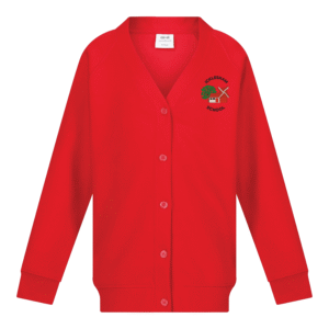 Frontal view of teh Icklesham Primary School cardigan. A red cardigan with the school's logo embroidered on the left breast.