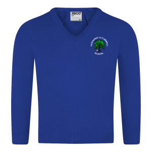 Frontal view of the Ticehurst & Flimwell Primary School royal blue knitted jumper with the school's emblem embroidered on the right breast.
