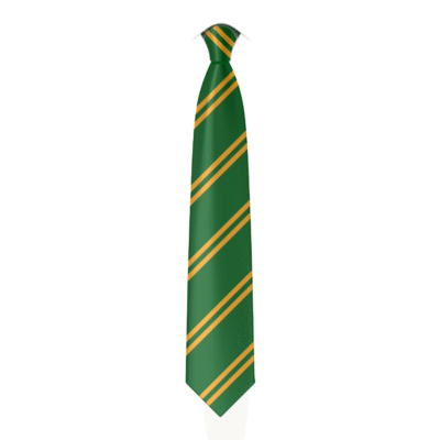 A digital mockup of the Little Common School tie. The tie is a dark bottle green with golden colour pairs of stripes going diagonally down the length of the tie.