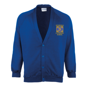 Frontal view of the Netherfield Primary School cardigan. A blue cardigan with the school's logo embroidered on the left breast.