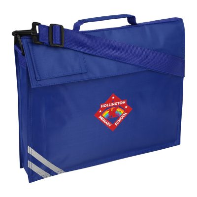 Frontal view of the Hollington royal blue book bag with the school's emblem printed on the front.