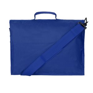 Rear view of a royal blue book bag with a detachable shoulder strap.