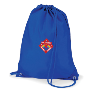 Frontal view of the Hollington Primary School royal blue PE bag with the school's emblem printed on the front.
