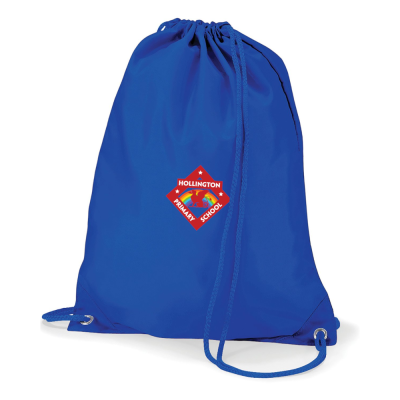 Frontal view of the Hollington Primary School royal blue PE bag with the school's emblem printed on the front.