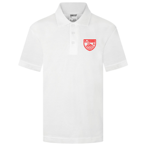 Frontal view fo the St Leonards C of E Primary Academy white polo shirt with the school's emblem embroidered on the left breast in red.