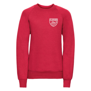 Frontal view of the St Leonards Primary Academy red sweatshirt with the academy's logo embroidered in white on the left breast.