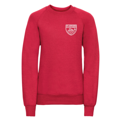 Frontal view of the St Leonards Primary Academy red sweatshirt with the academy's logo embroidered in white on the left breast.